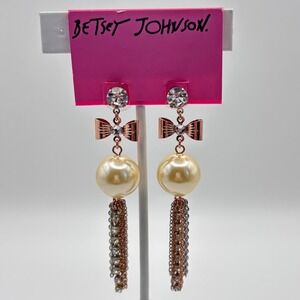 Betsey Johnson Tassel Earrings Bow Faux Pearl Crystal Drop Dangle